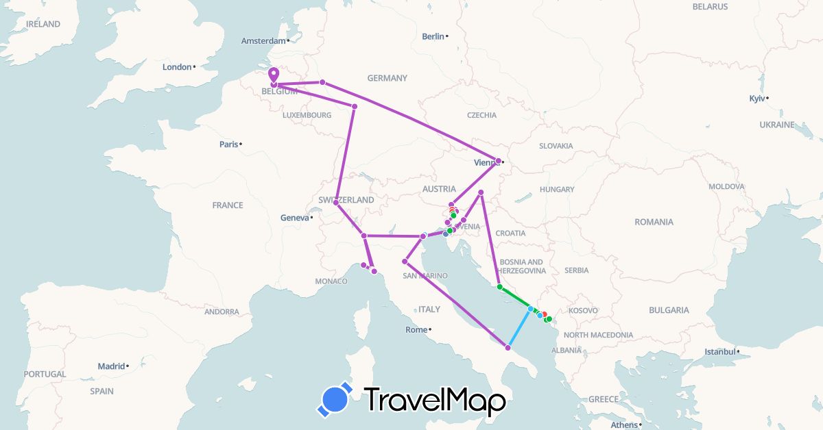 TravelMap itinerary: driving, bus, cycling, train, hiking, boat in Austria, Belgium, Switzerland, Germany, Croatia, Italy, Montenegro, Slovenia (Europe)